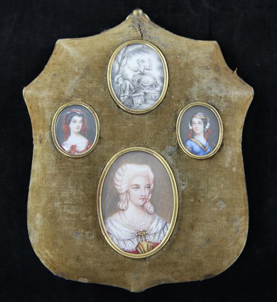 Continental School Miniatures; Portraits of ladies and woman in a park largest 2.5 x 1.75in.